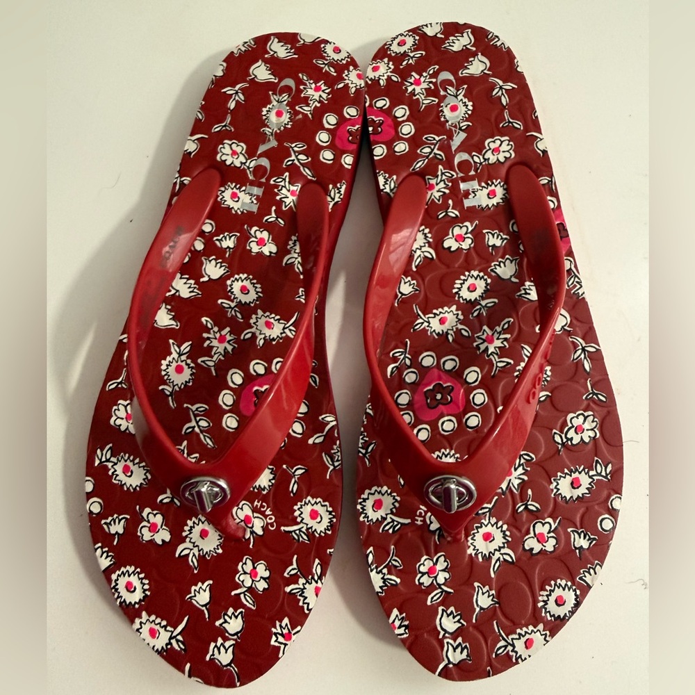 Coach Red Floral Flip Flop Sandals